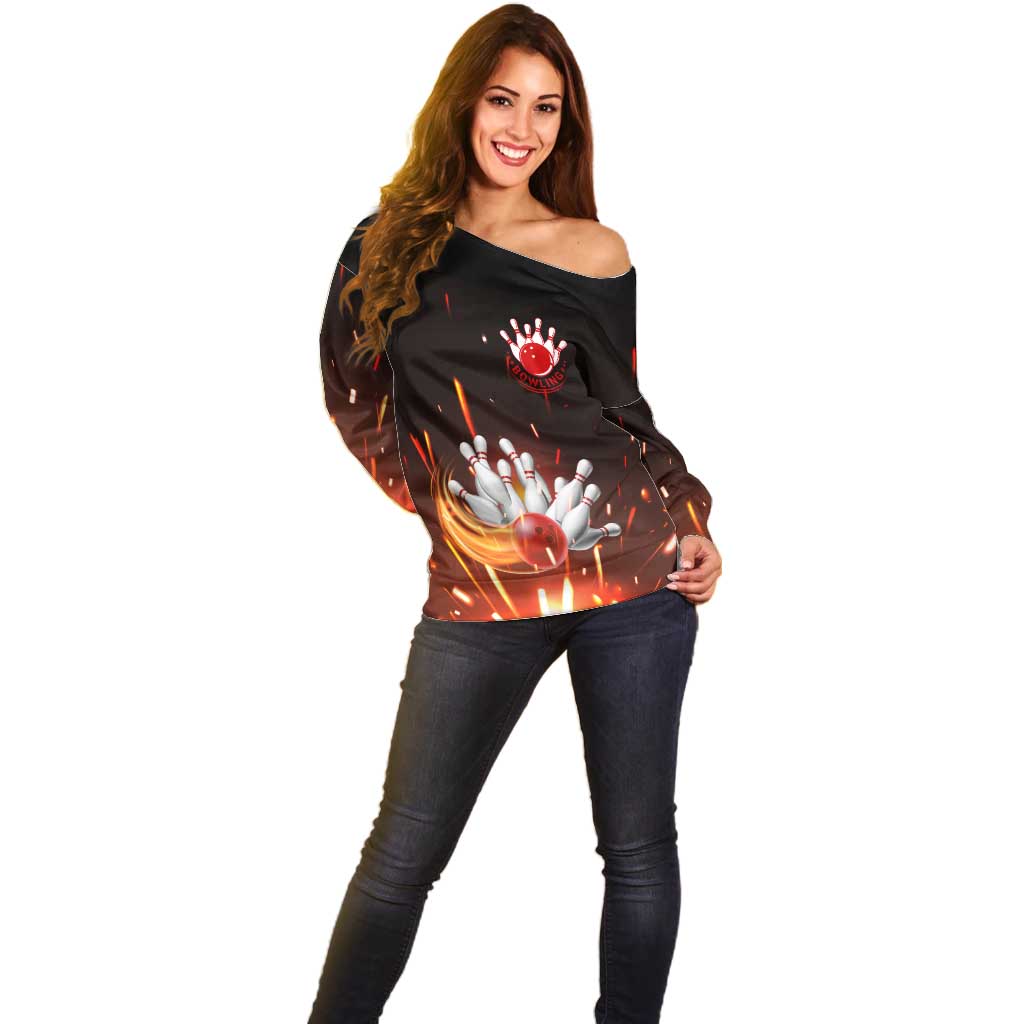 Personalized Bowling Ball and Pins Off Shoulder Sweater Fiery Motion Trail and Spark Effect Design - Wonder Print Shop