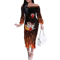 Personalized Bowling Ball and Pins Off The Shoulder Long Sleeve Dress Fiery Motion Trail and Spark Effect Design - Wonder Print Shop