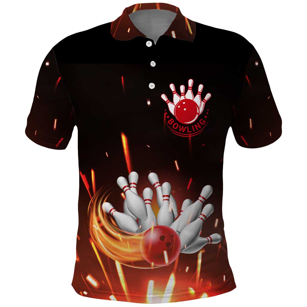 Personalized Bowling Ball and Pins Polo Shirt Fiery Motion Trail and Spark Effect Design - Wonder Print Shop