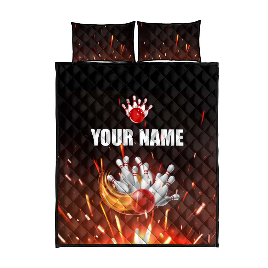 Personalized Bowling Ball and Pins Quilt Bed Set Fiery Motion Trail and Spark Effect Design - Wonder Print Shop