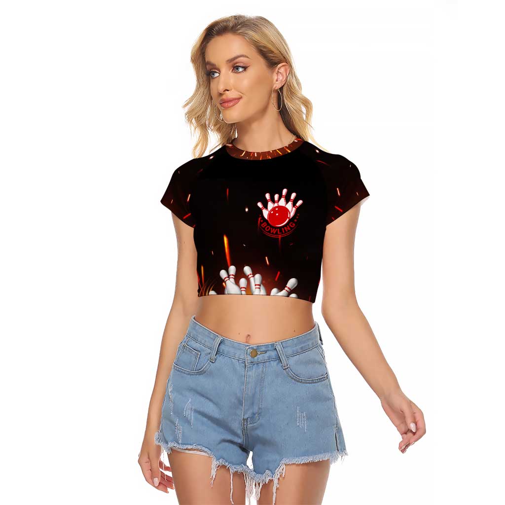 Personalized Bowling Ball and Pins Raglan Cropped T Shirt Fiery Motion Trail and Spark Effect Design - Wonder Print Shop