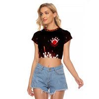 Personalized Bowling Ball and Pins Raglan Cropped T Shirt Fiery Motion Trail and Spark Effect Design - Wonder Print Shop