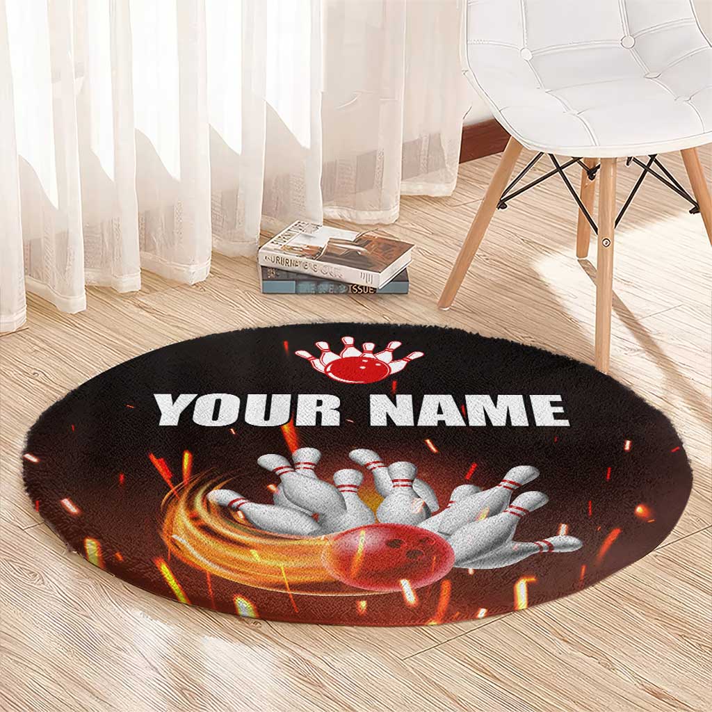 Personalized Bowling Ball and Pins Round Carpet Fiery Motion Trail and Spark Effect Design - Wonder Print Shop