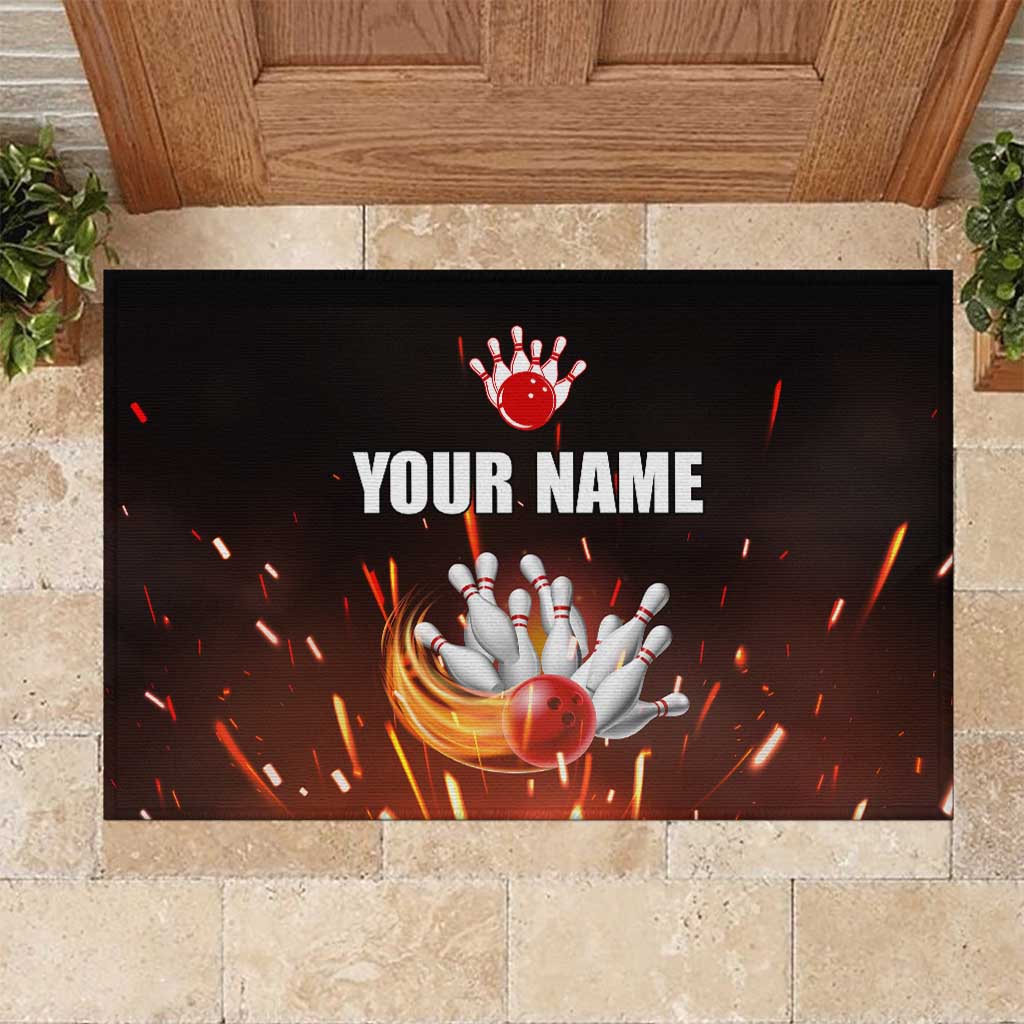 Personalized Bowling Ball and Pins Rubber Doormat Fiery Motion Trail and Spark Effect Design - Wonder Print Shop