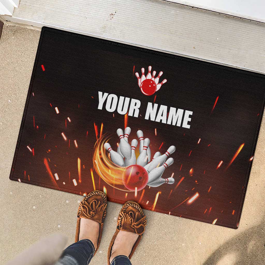 Personalized Bowling Ball and Pins Rubber Doormat Fiery Motion Trail and Spark Effect Design - Wonder Print Shop