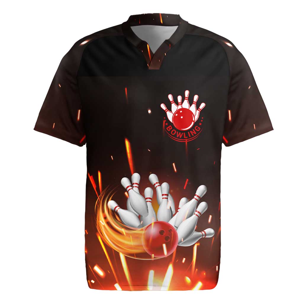Personalized Bowling Ball and Pins Rugby Jersey Fiery Motion Trail and Spark Effect Design - Wonder Print Shop