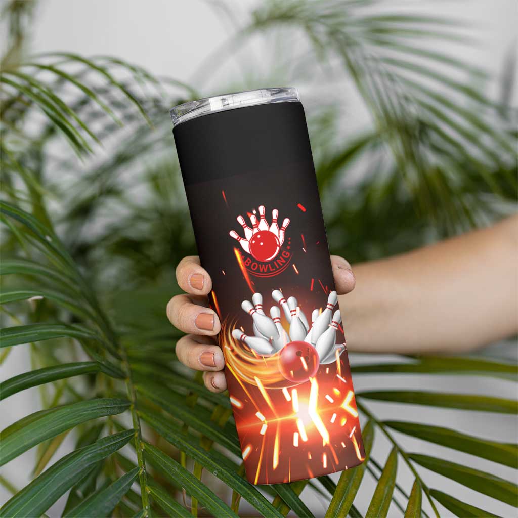 Personalized Bowling Ball and Pins Skinny Tumbler Fiery Motion Trail and Spark Effect Design - Wonder Print Shop