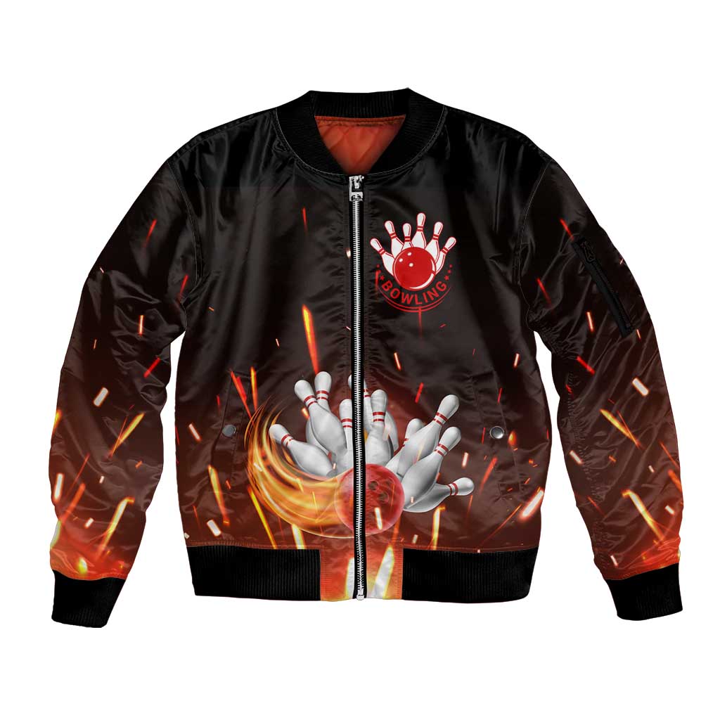Personalized Bowling Ball and Pins Sleeve Zip Bomber Jacket Fiery Motion Trail and Spark Effect Design - Wonder Print Shop