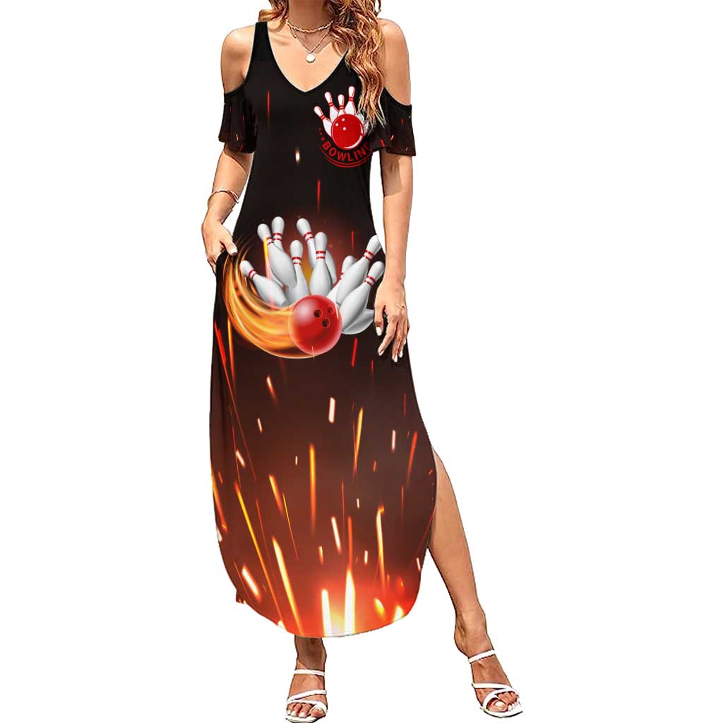 Personalized Bowling Ball and Pins Summer Maxi Dress Fiery Motion Trail and Spark Effect Design - Wonder Print Shop