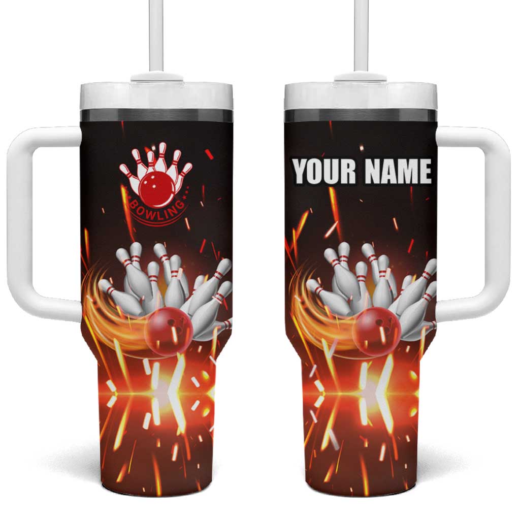 Personalized Bowling Ball and Pins Tumbler With Handle Fiery Motion Trail and Spark Effect Design - Wonder Print Shop