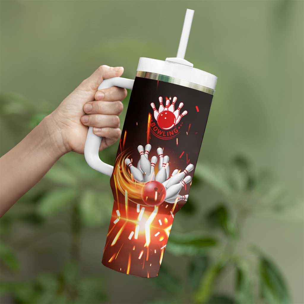 Personalized Bowling Ball and Pins Tumbler With Handle Fiery Motion Trail and Spark Effect Design - Wonder Print Shop