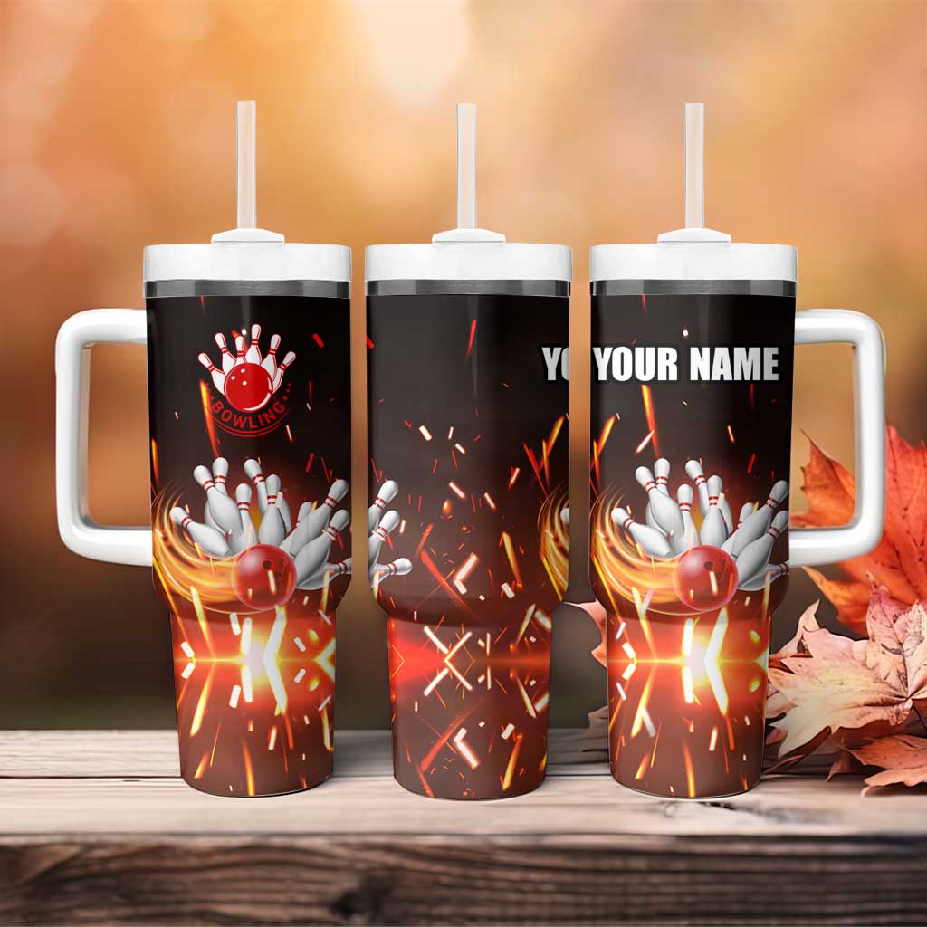 Personalized Bowling Ball and Pins Tumbler With Handle Fiery Motion Trail and Spark Effect Design - Wonder Print Shop