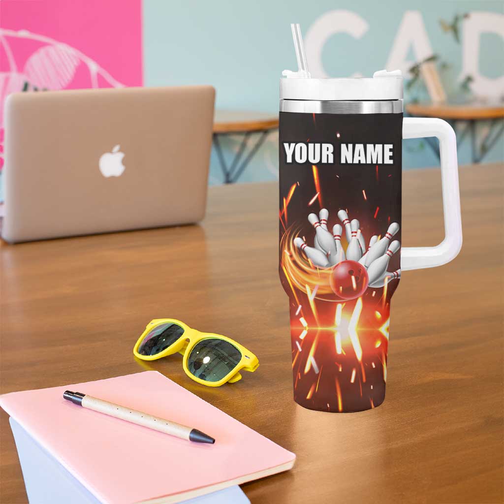 Personalized Bowling Ball and Pins Tumbler With Handle Fiery Motion Trail and Spark Effect Design - Wonder Print Shop