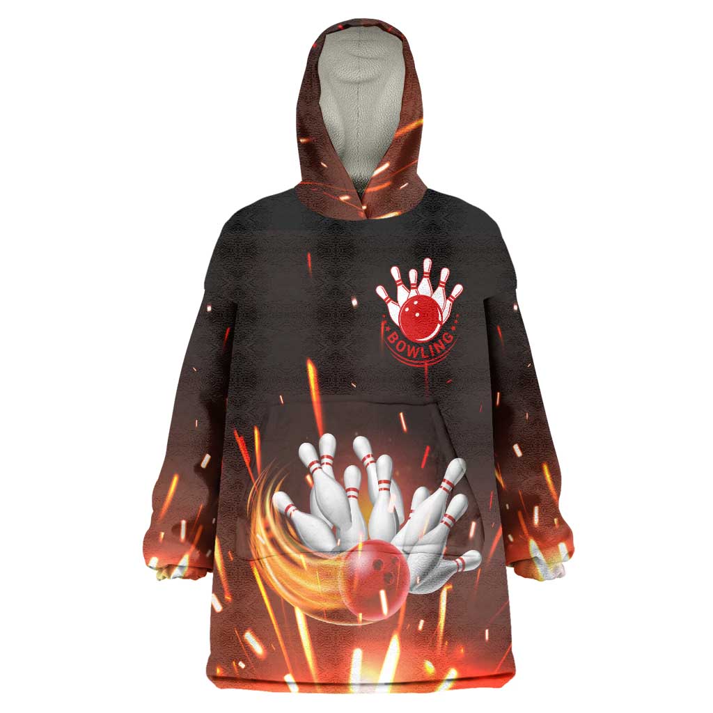 Personalized Bowling Ball and Pins Wearable Blanket Hoodie Fiery Motion Trail and Spark Effect Design - Wonder Print Shop