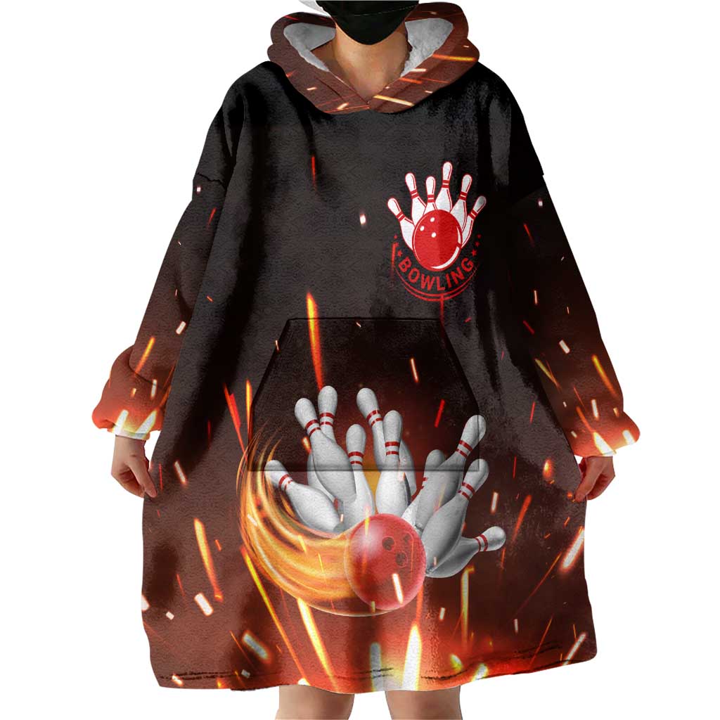 Personalized Bowling Ball and Pins Wearable Blanket Hoodie Fiery Motion Trail and Spark Effect Design - Wonder Print Shop