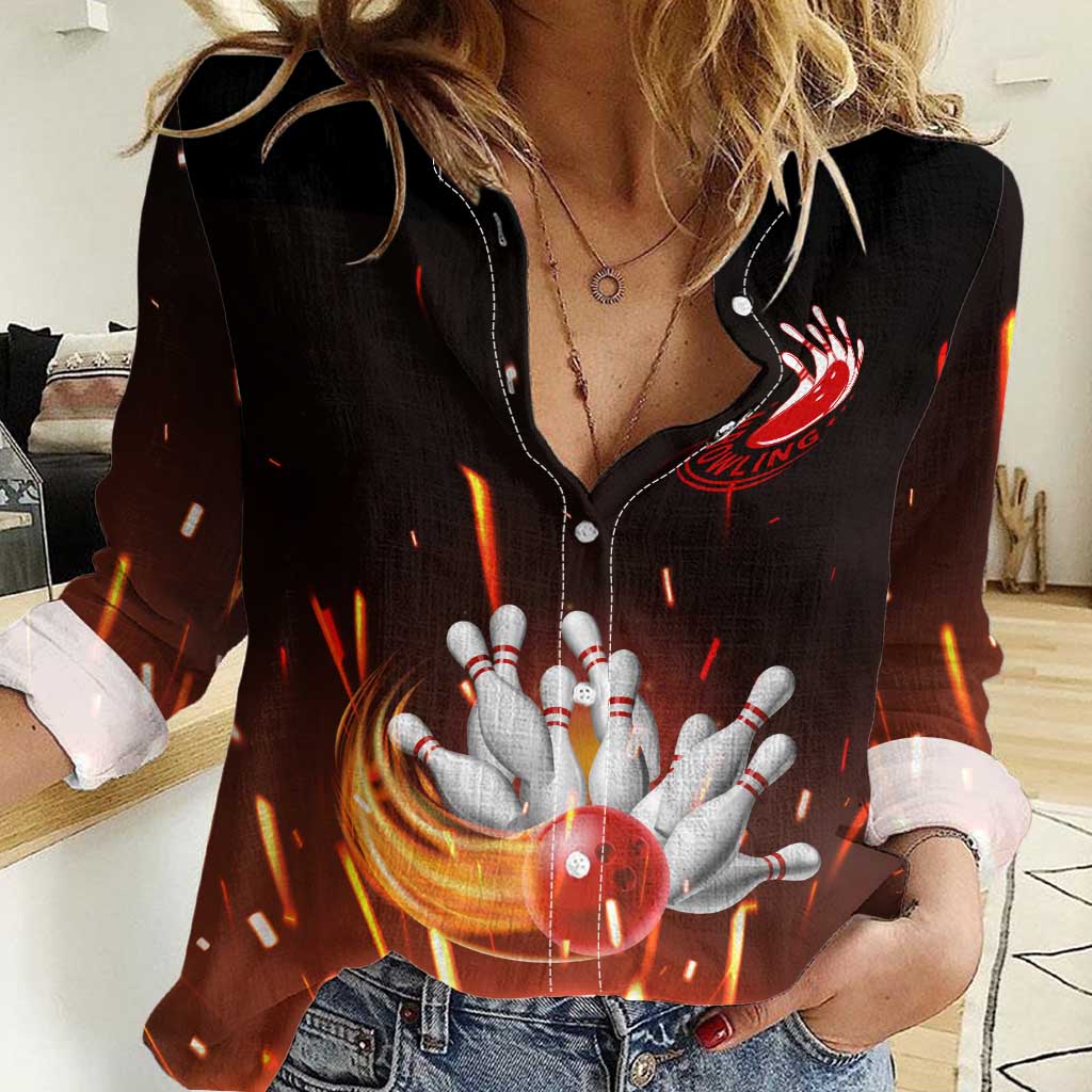 Personalized Bowling Ball and Pins Women Casual Shirt Fiery Motion Trail and Spark Effect Design - Wonder Print Shop