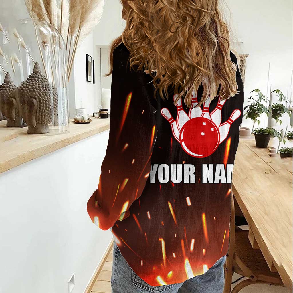 Personalized Bowling Ball and Pins Women Casual Shirt Fiery Motion Trail and Spark Effect Design - Wonder Print Shop
