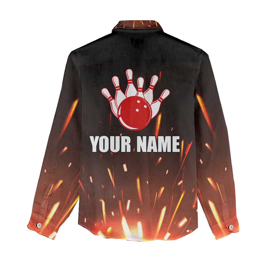 Personalized Bowling Ball and Pins Women Casual Shirt Fiery Motion Trail and Spark Effect Design - Wonder Print Shop