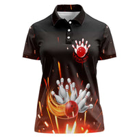 Personalized Bowling Ball and Pins Women Polo Shirt Fiery Motion Trail and Spark Effect Design - Wonder Print Shop