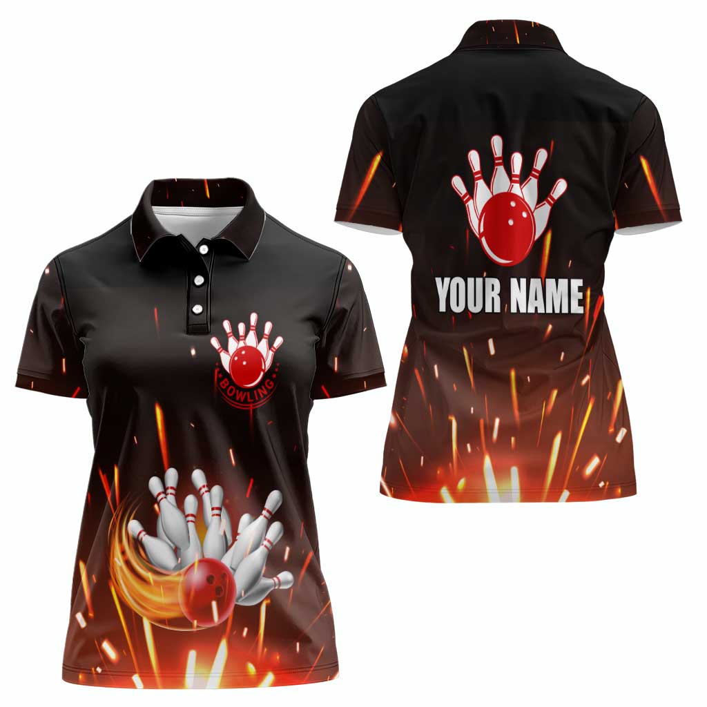 Personalized Bowling Ball and Pins Women Polo Shirt Fiery Motion Trail and Spark Effect Design - Wonder Print Shop