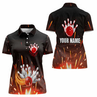 Personalized Bowling Ball and Pins Women Polo Shirt Fiery Motion Trail and Spark Effect Design - Wonder Print Shop