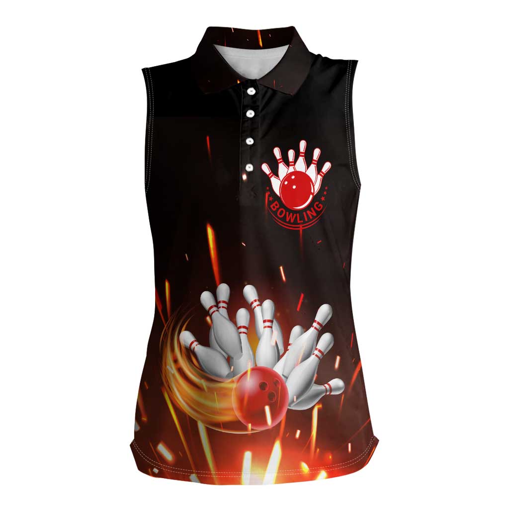 Personalized Bowling Ball and Pins Women Sleeveless Polo Shirt Fiery Motion Trail and Spark Effect Design - Wonder Print Shop