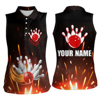 Personalized Bowling Ball and Pins Women Sleeveless Polo Shirt Fiery Motion Trail and Spark Effect Design - Wonder Print Shop
