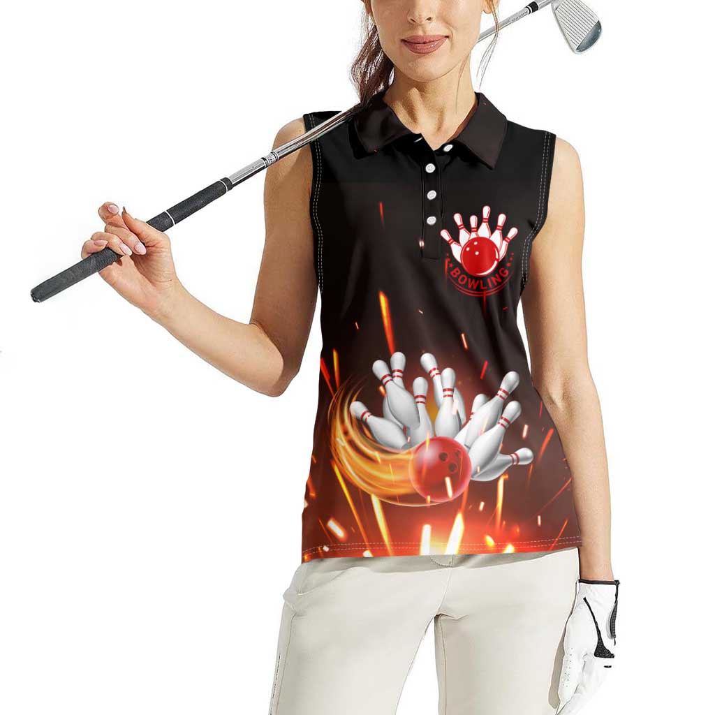 Personalized Bowling Ball and Pins Women Sleeveless Polo Shirt Fiery Motion Trail and Spark Effect Design - Wonder Print Shop