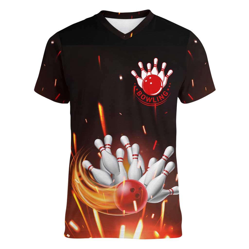 Personalized Bowling Ball and Pins Women V-Neck T-Shirt Fiery Motion Trail and Spark Effect Design - Wonder Print Shop