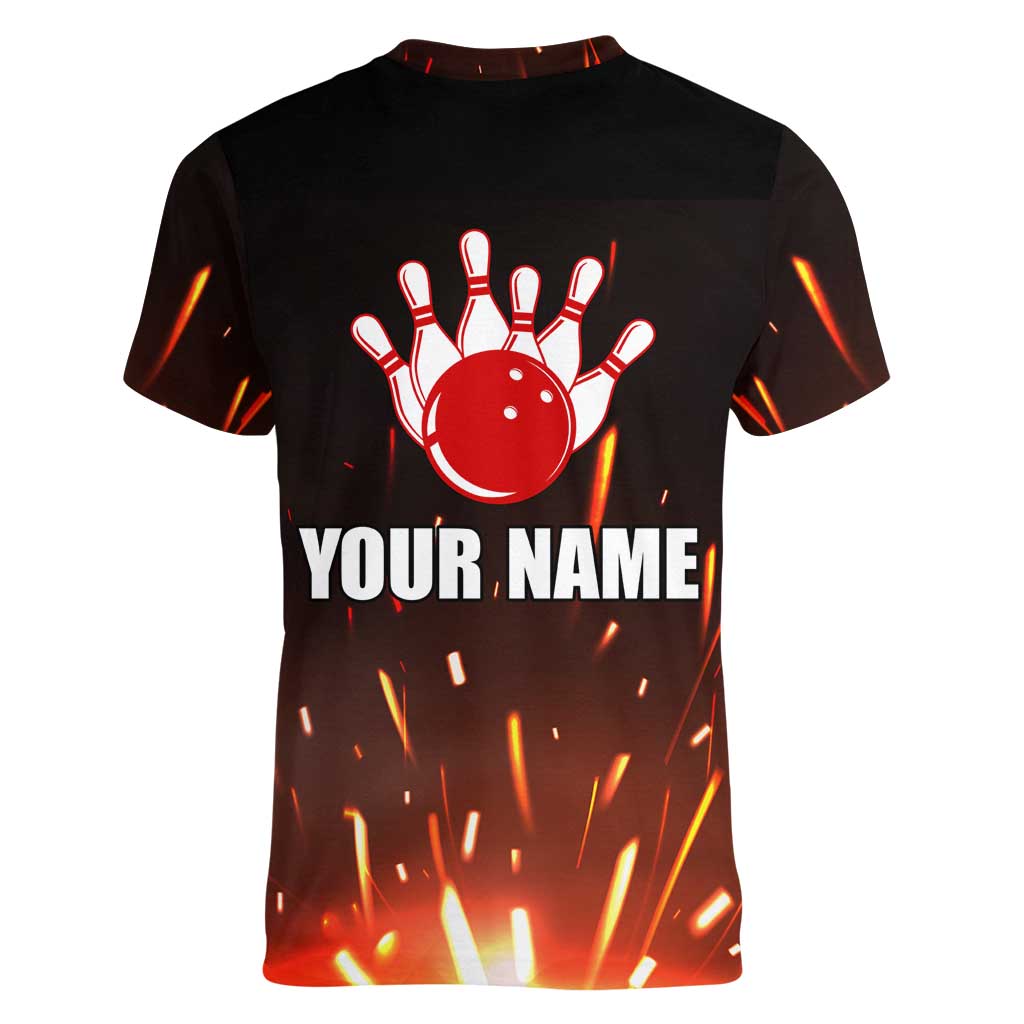 Personalized Bowling Ball and Pins Women V-Neck T-Shirt Fiery Motion Trail and Spark Effect Design - Wonder Print Shop