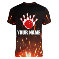 Personalized Bowling Ball and Pins Women V-Neck T-Shirt Fiery Motion Trail and Spark Effect Design - Wonder Print Shop