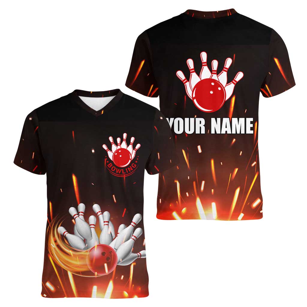 Personalized Bowling Ball and Pins Women V-Neck T-Shirt Fiery Motion Trail and Spark Effect Design - Wonder Print Shop