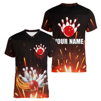 Personalized Bowling Ball and Pins Women V-Neck T-Shirt Fiery Motion Trail and Spark Effect Design - Wonder Print Shop