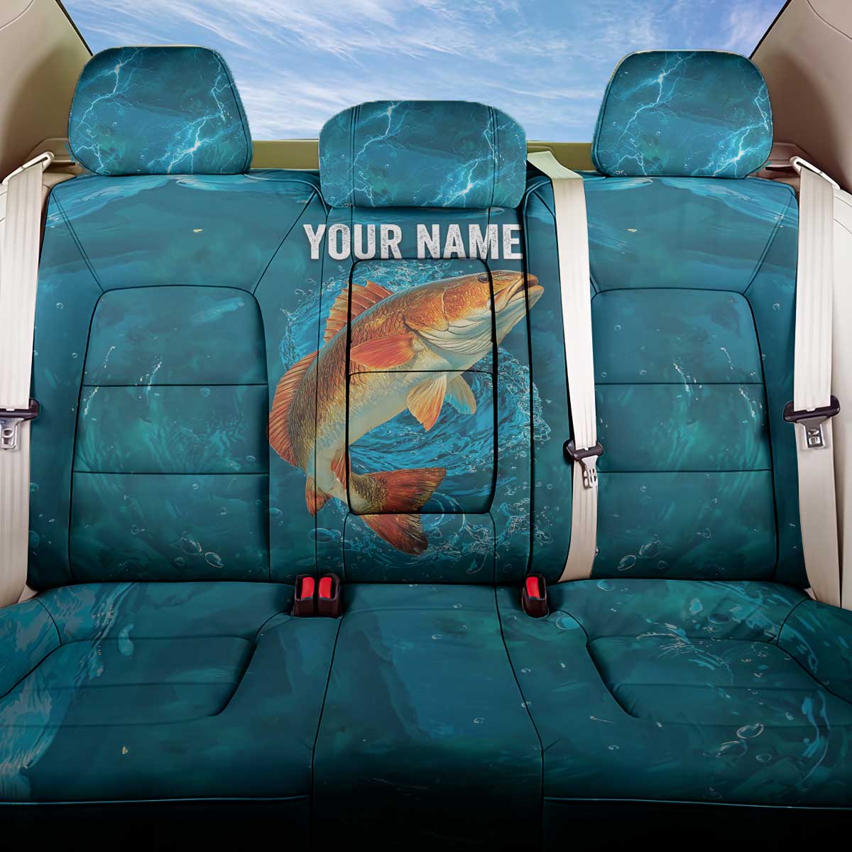 Personalized Redfish Puppy Drum Leaping in Ocean Splash Back Car Seat Cover Blue Lightning Water Background Design - Wonder Print Shop