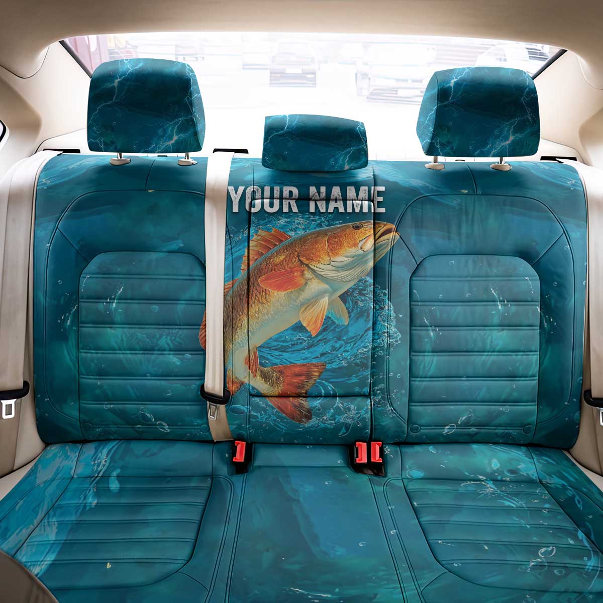Personalized Redfish Puppy Drum Leaping in Ocean Splash Back Car Seat Cover Blue Lightning Water Background Design - Wonder Print Shop