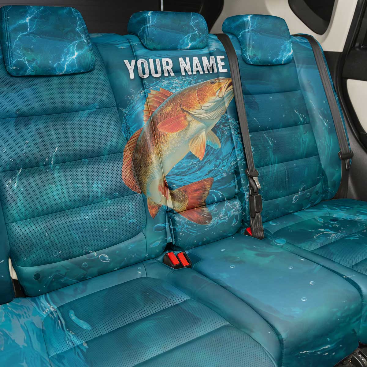 Personalized Redfish Puppy Drum Leaping in Ocean Splash Back Car Seat Cover Blue Lightning Water Background Design - Wonder Print Shop
