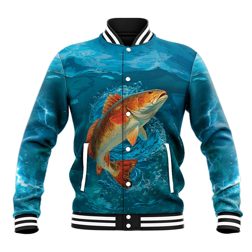 Personalized Redfish Puppy Drum Leaping in Ocean Splash Baseball Jacket Blue Lightning Water Background Design - Wonder Print Shop