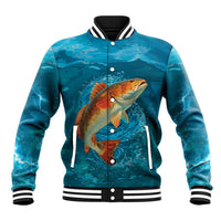 Personalized Redfish Puppy Drum Leaping in Ocean Splash Baseball Jacket Blue Lightning Water Background Design - Wonder Print Shop