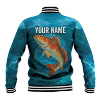 Personalized Redfish Puppy Drum Leaping in Ocean Splash Baseball Jacket Blue Lightning Water Background Design - Wonder Print Shop