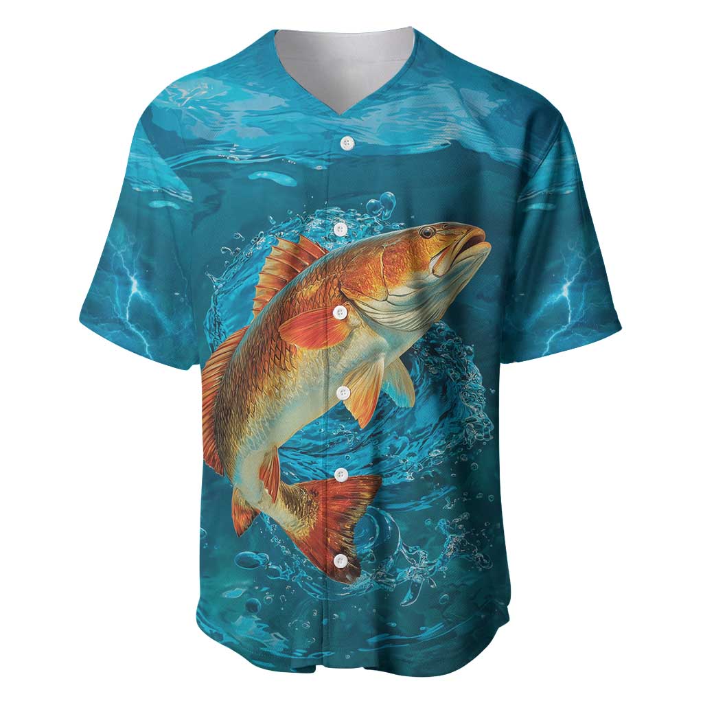 Personalized Redfish Puppy Drum Leaping in Ocean Splash Baseball Jersey Blue Lightning Water Background Design - Wonder Print Shop
