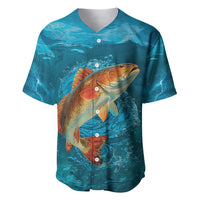 Personalized Redfish Puppy Drum Leaping in Ocean Splash Baseball Jersey Blue Lightning Water Background Design - Wonder Print Shop