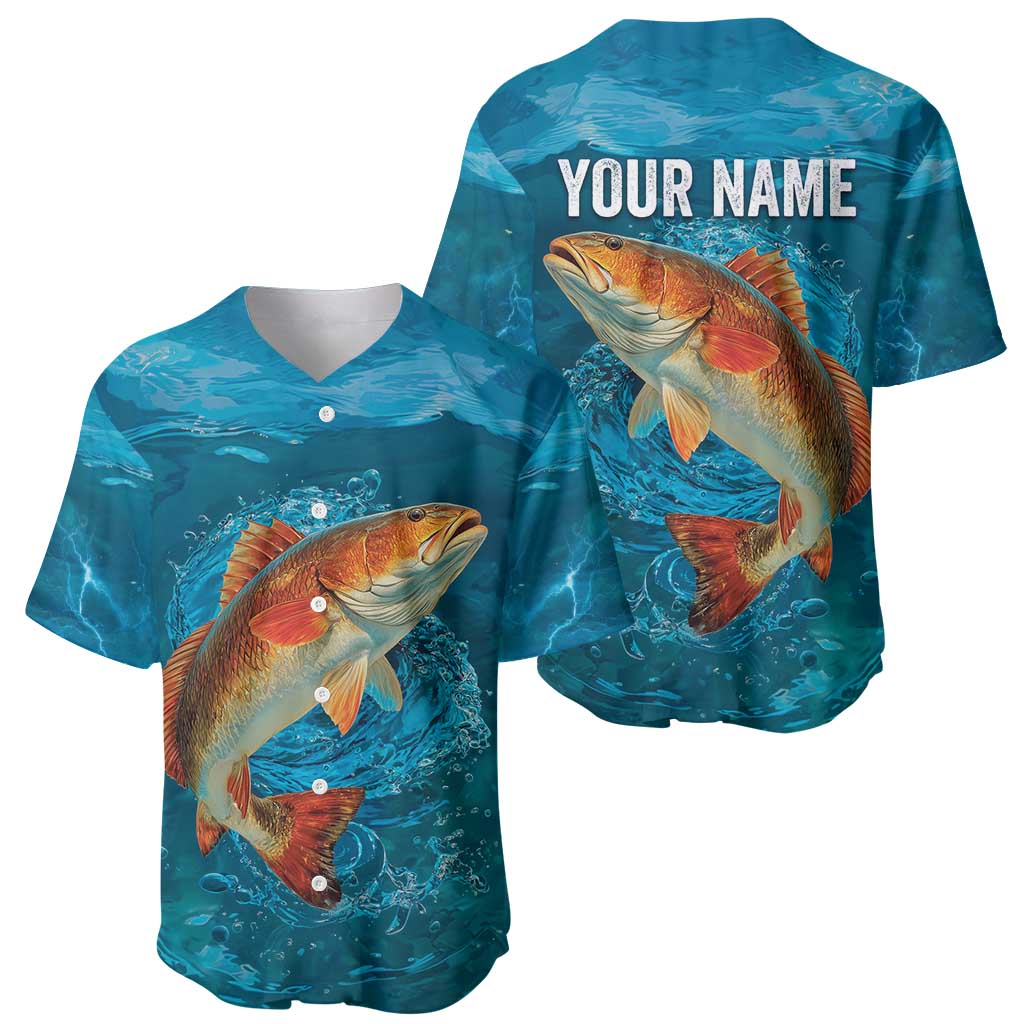 Personalized Redfish Puppy Drum Leaping in Ocean Splash Baseball Jersey Blue Lightning Water Background Design - Wonder Print Shop
