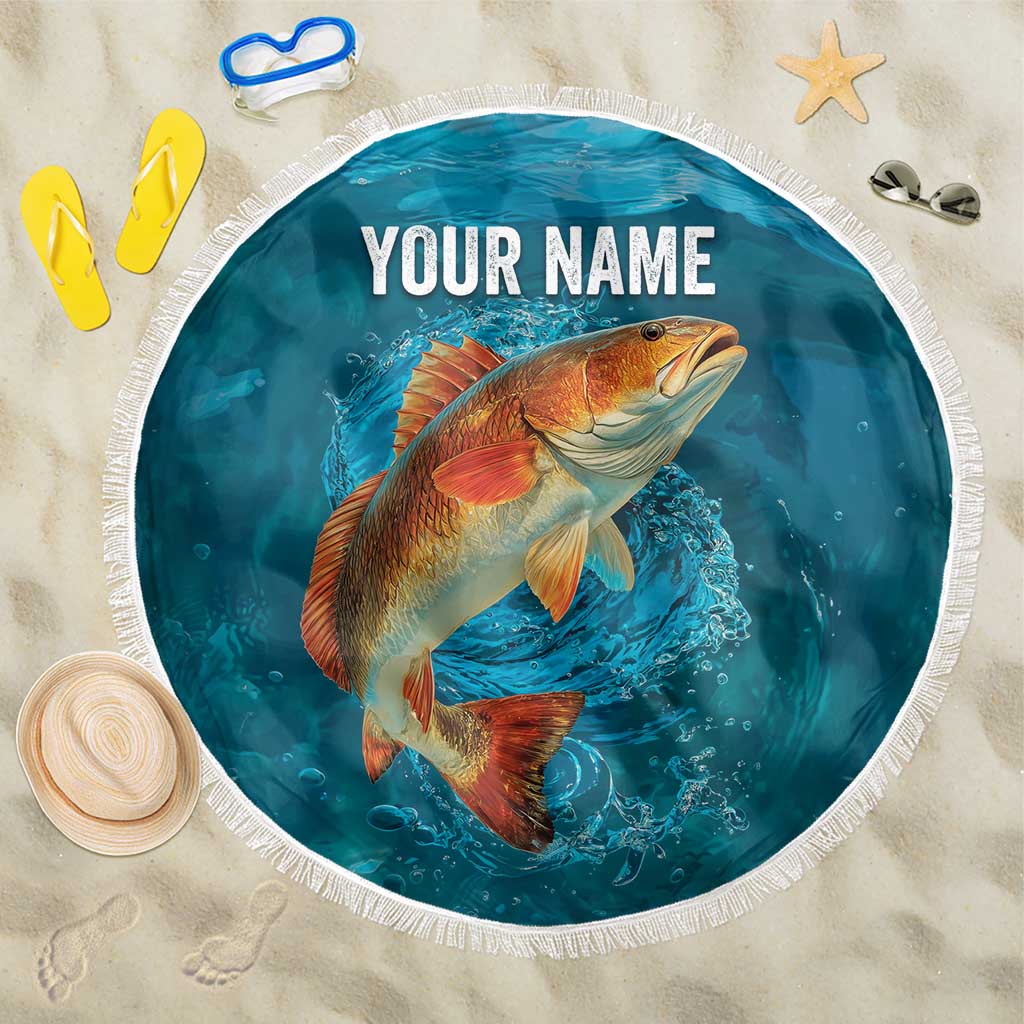 Personalized Redfish Puppy Drum Leaping in Ocean Splash Beach Blanket Blue Lightning Water Background Design - Wonder Print Shop