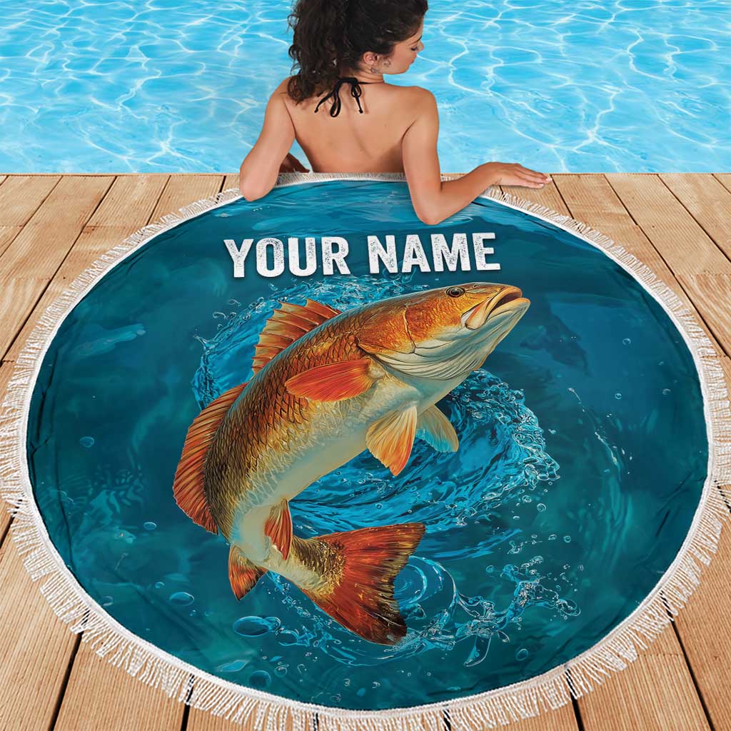 Personalized Redfish Puppy Drum Leaping in Ocean Splash Beach Blanket Blue Lightning Water Background Design - Wonder Print Shop