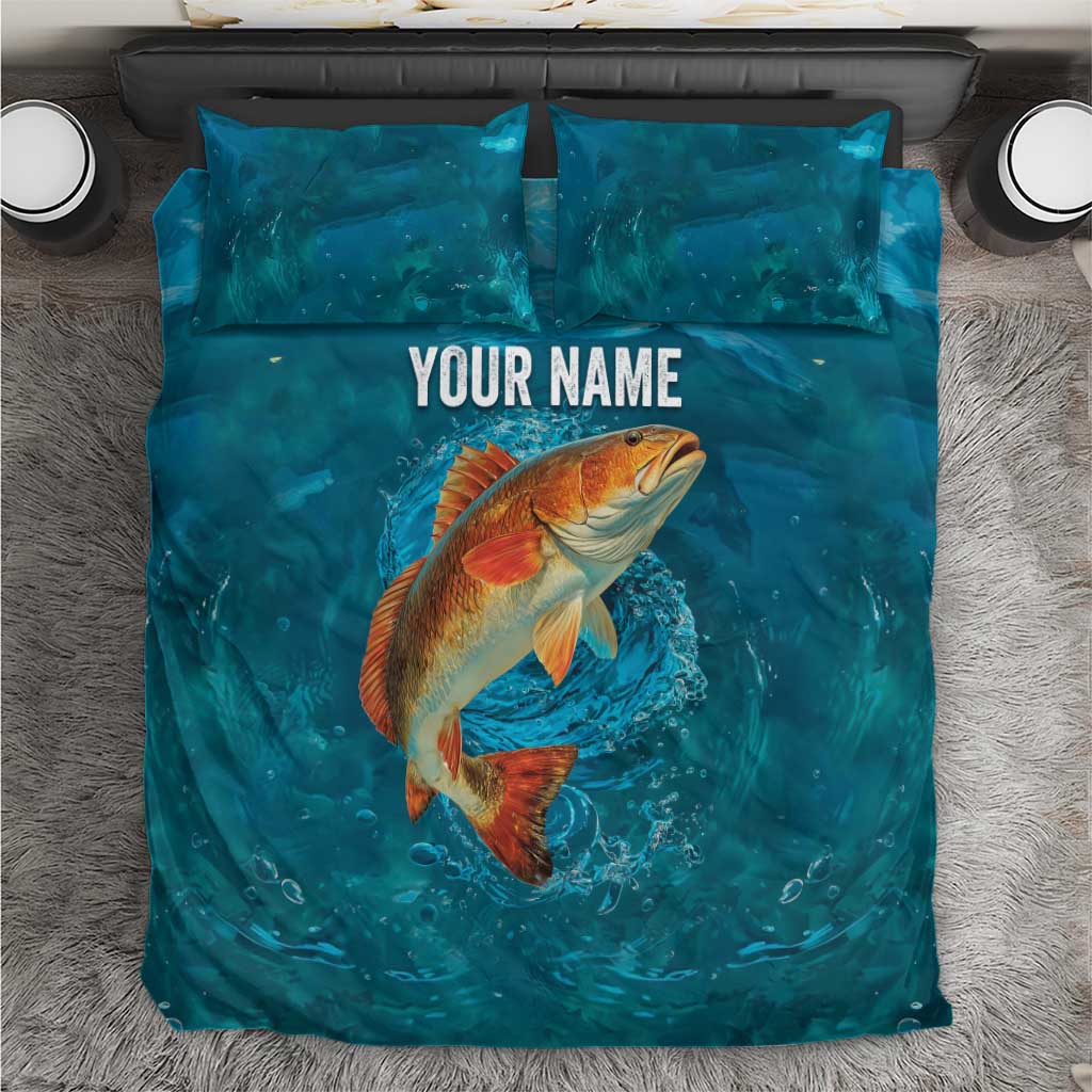 Personalized Redfish Puppy Drum Leaping in Ocean Splash Bedding Set Blue Lightning Water Background Design - Wonder Print Shop