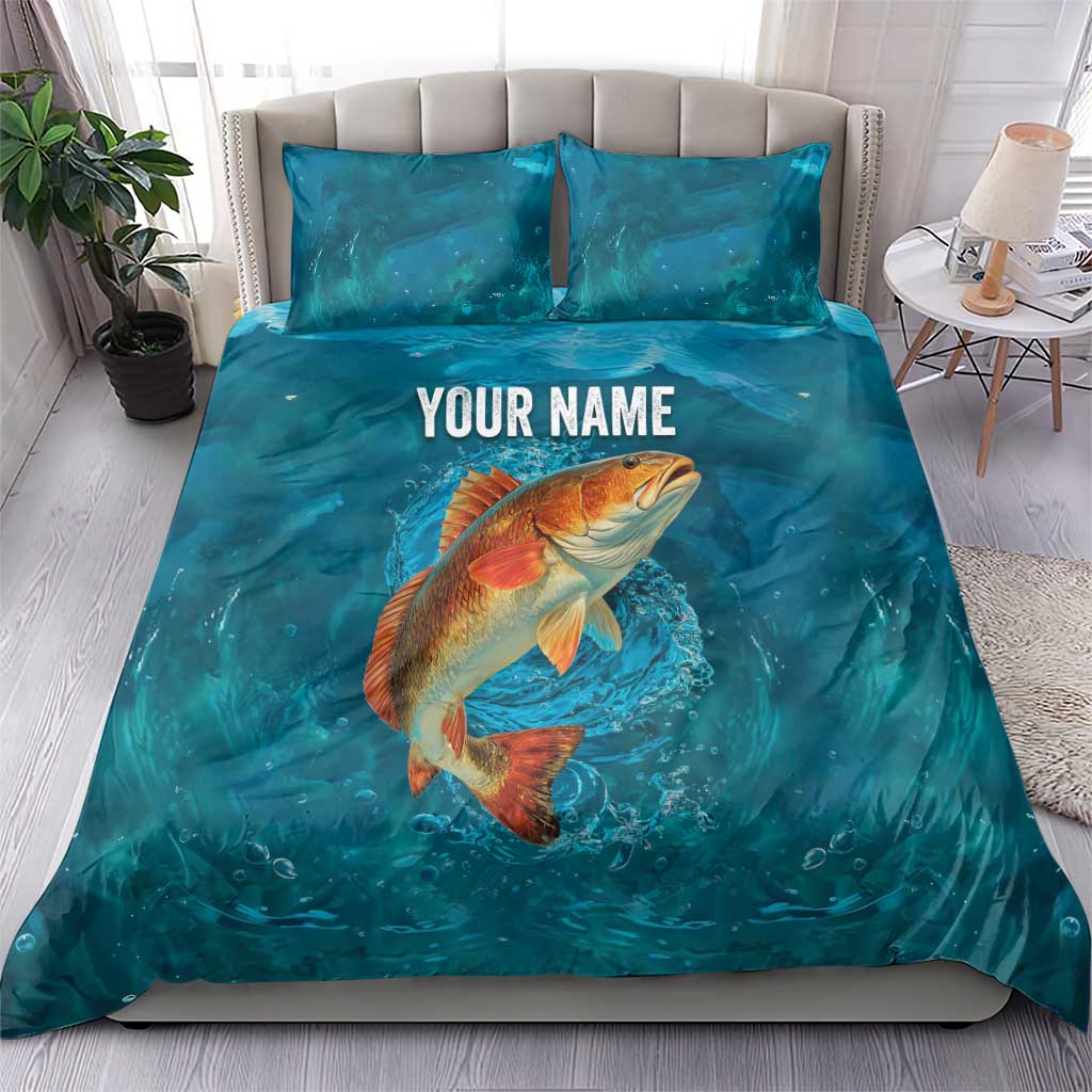 Personalized Redfish Puppy Drum Leaping in Ocean Splash Bedding Set Blue Lightning Water Background Design - Wonder Print Shop