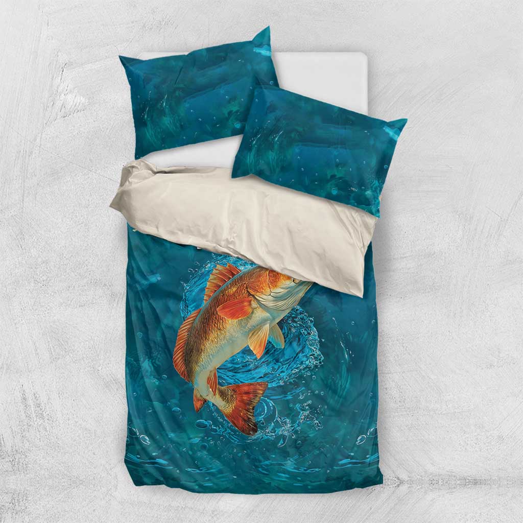 Personalized Redfish Puppy Drum Leaping in Ocean Splash Bedding Set Blue Lightning Water Background Design - Wonder Print Shop