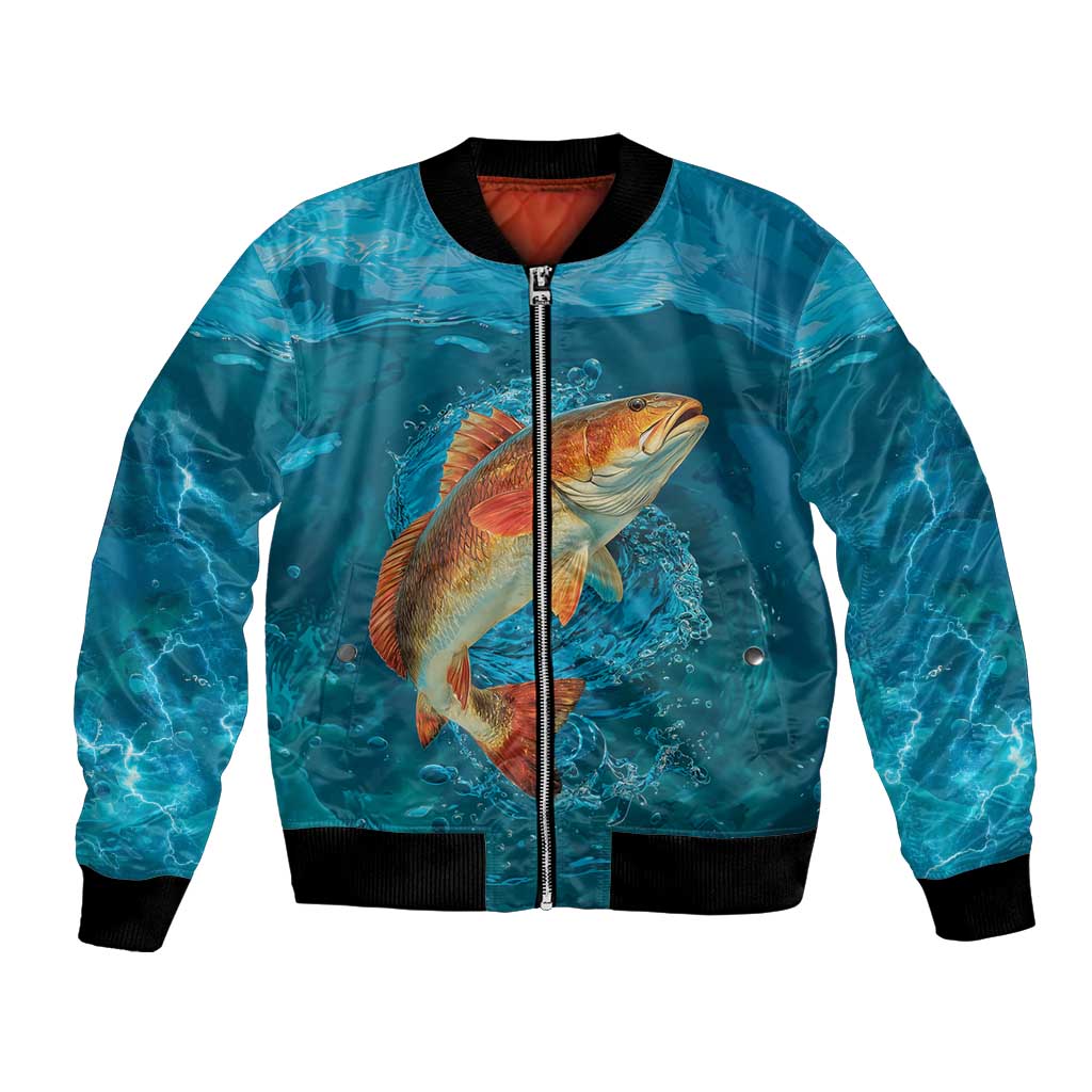 Personalized Redfish Puppy Drum Leaping in Ocean Splash Bomber Jacket Blue Lightning Water Background Design - Wonder Print Shop