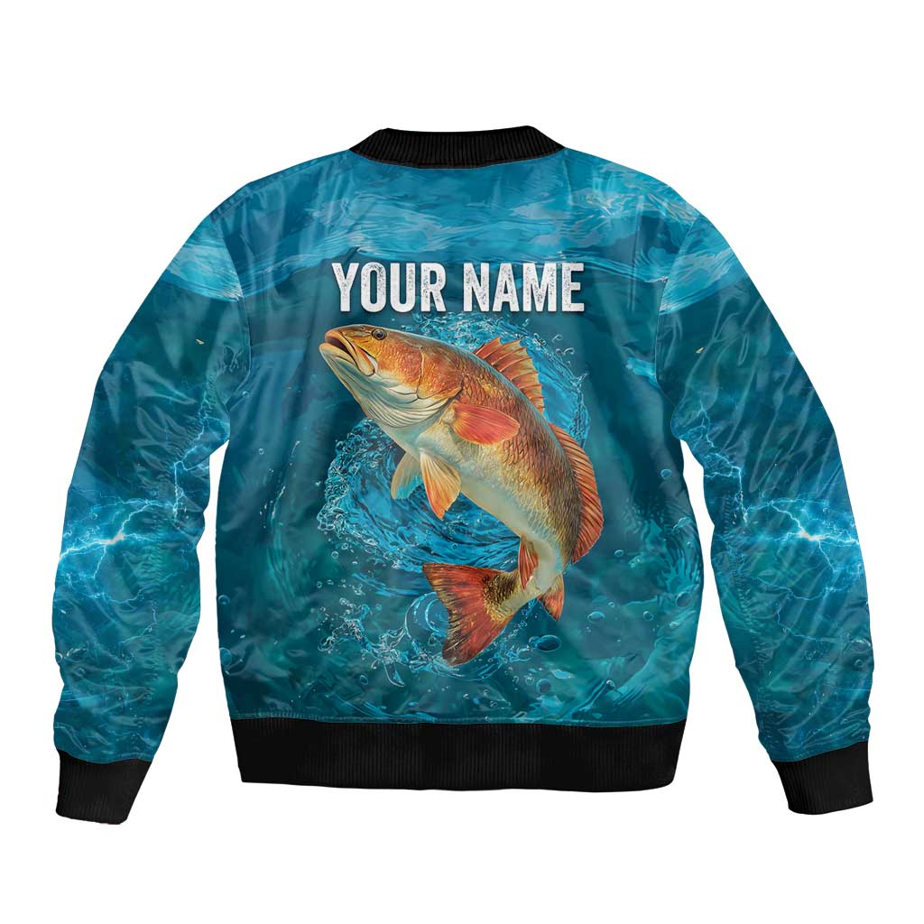 Personalized Redfish Puppy Drum Leaping in Ocean Splash Bomber Jacket Blue Lightning Water Background Design - Wonder Print Shop