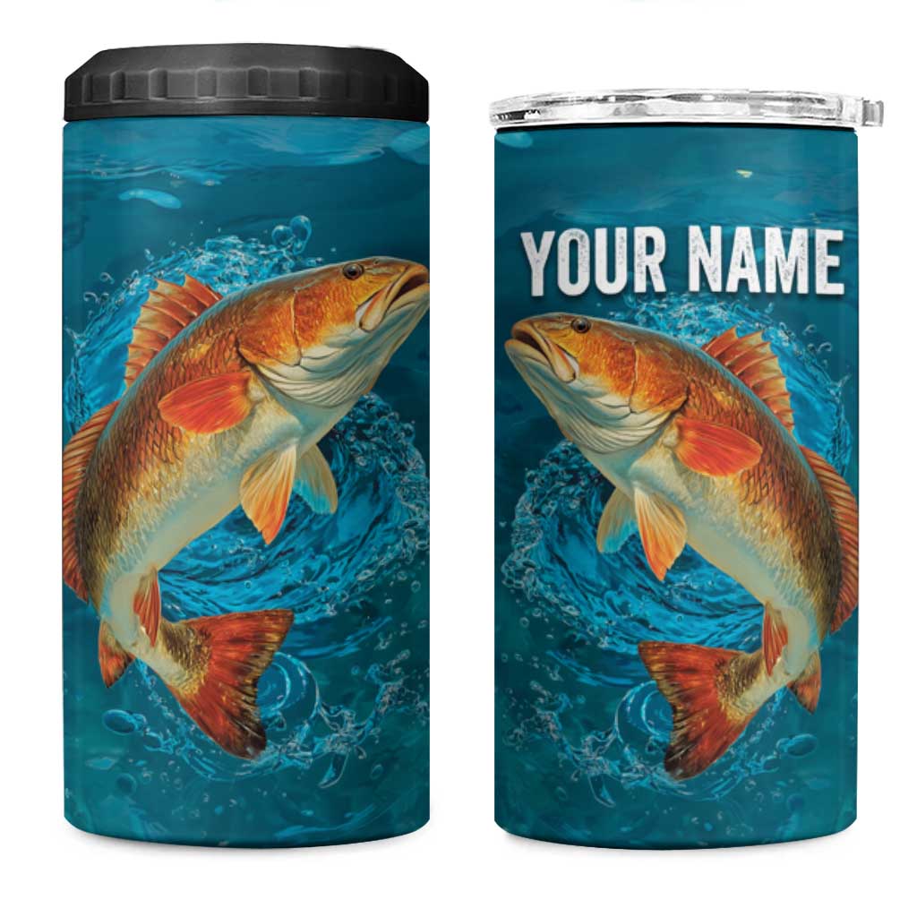 Personalized Redfish Puppy Drum Leaping in Ocean Splash 4 in 1 Can Cooler Tumbler Blue Lightning Water Background Design - Wonder Print Shop